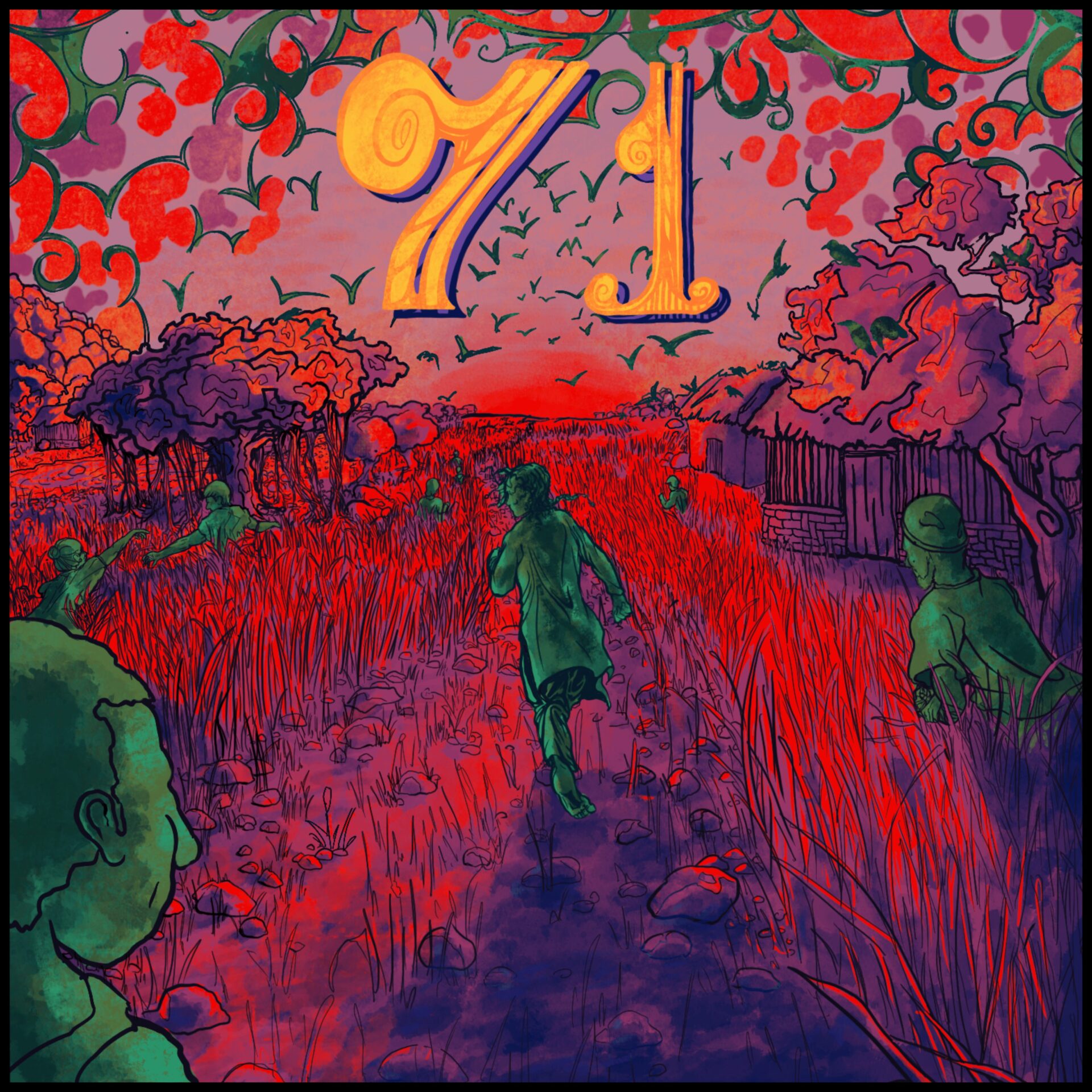 71 - An illustration of people running through a field with birds flying up above. The field is a deep blood red while the humans contrast the setting as a sea green.