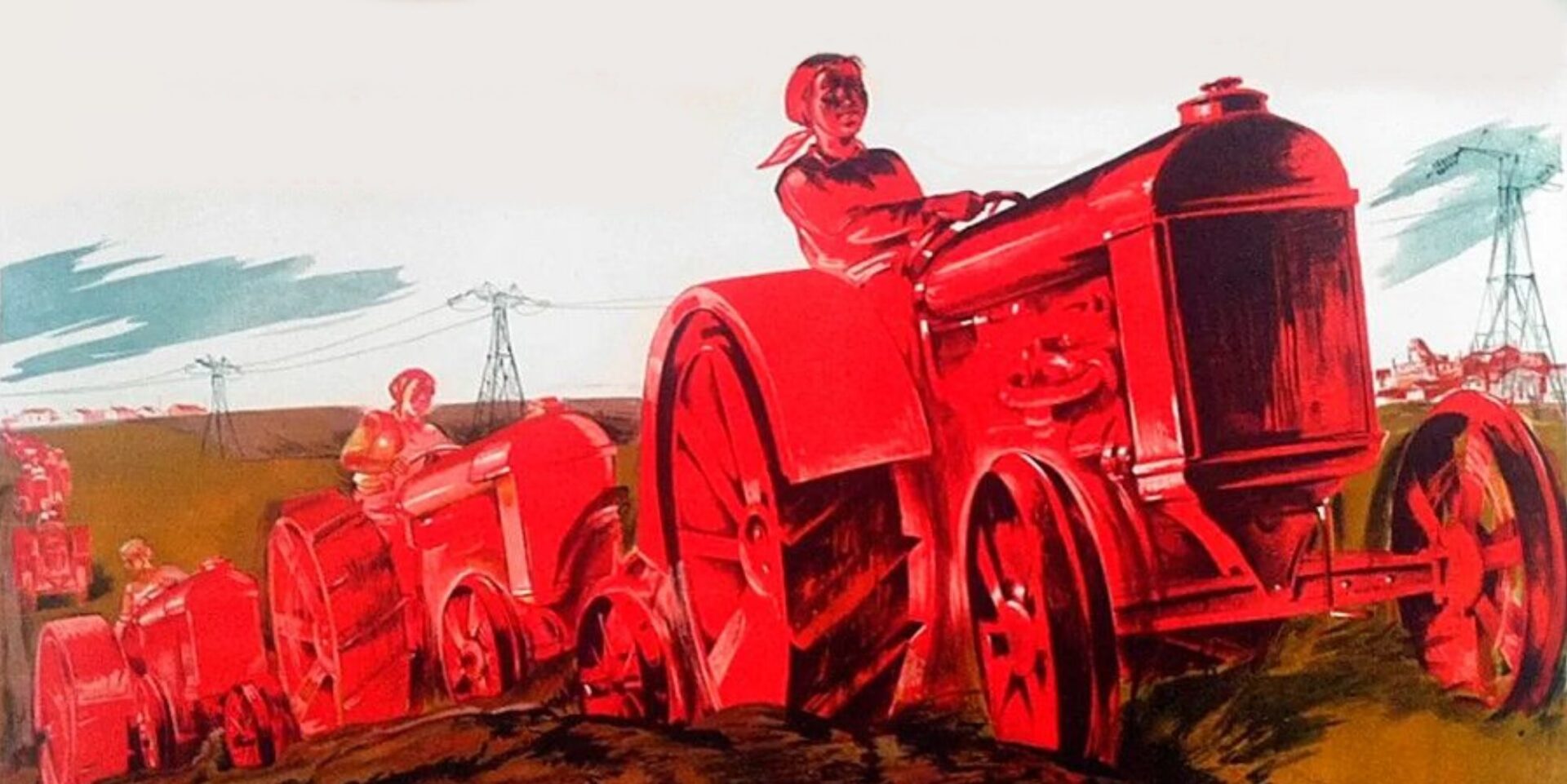 Illustration of a red stream of people on tractors on brown ground with power lines in the background