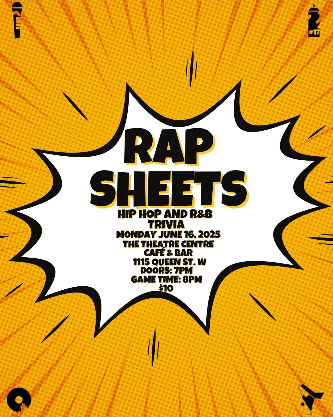 A comic book emphasis spikey blob: RAP SHEETS! with a bright orange textured background with lines all pointing towards the centre