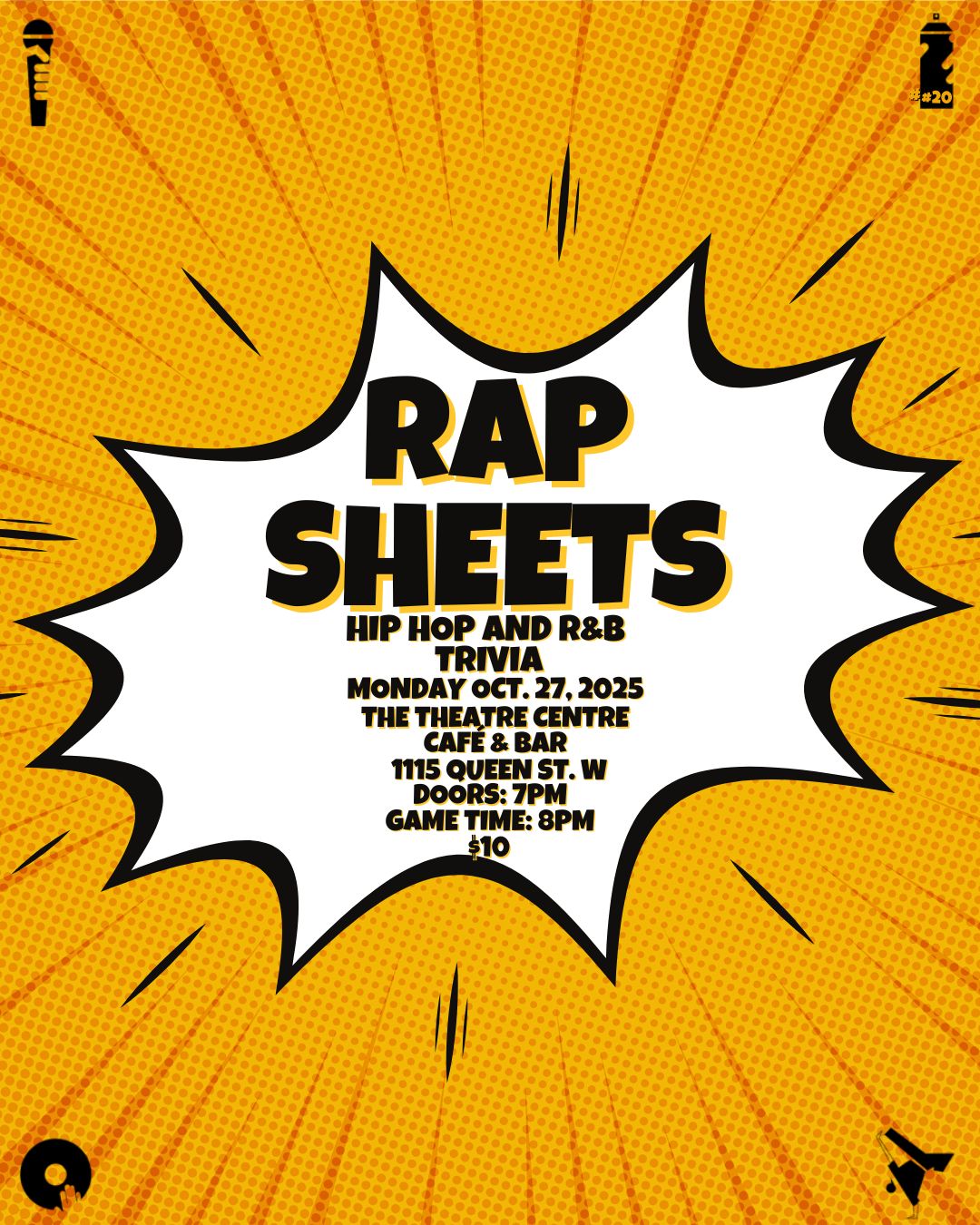 A comic book emphasis spikey blob: RAP SHEETS! with a bright orange textured background with lines all pointing towards the centre