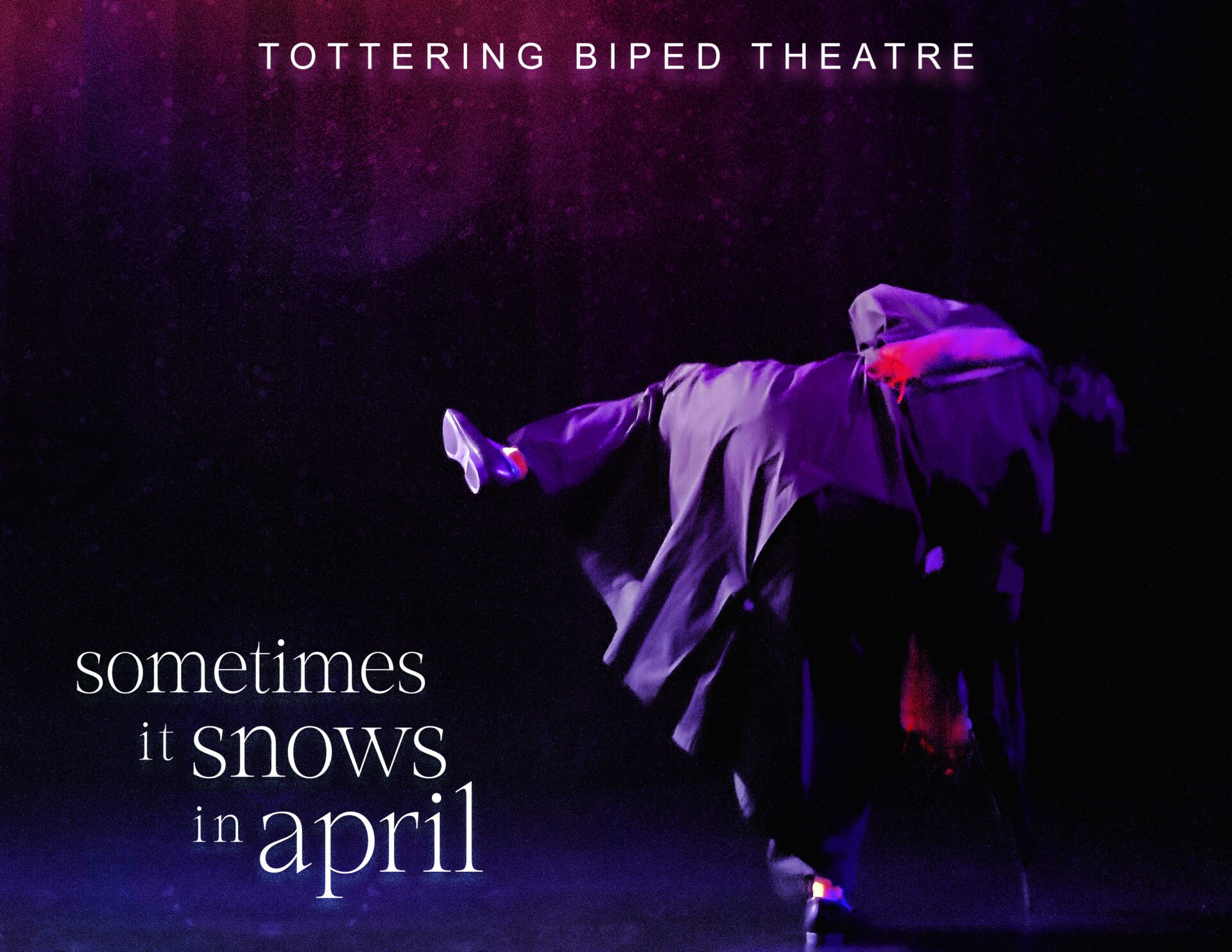 sometimes it snows in april. a man on stage in a long trench coat leans dramatically to the side with one leg in the air.
