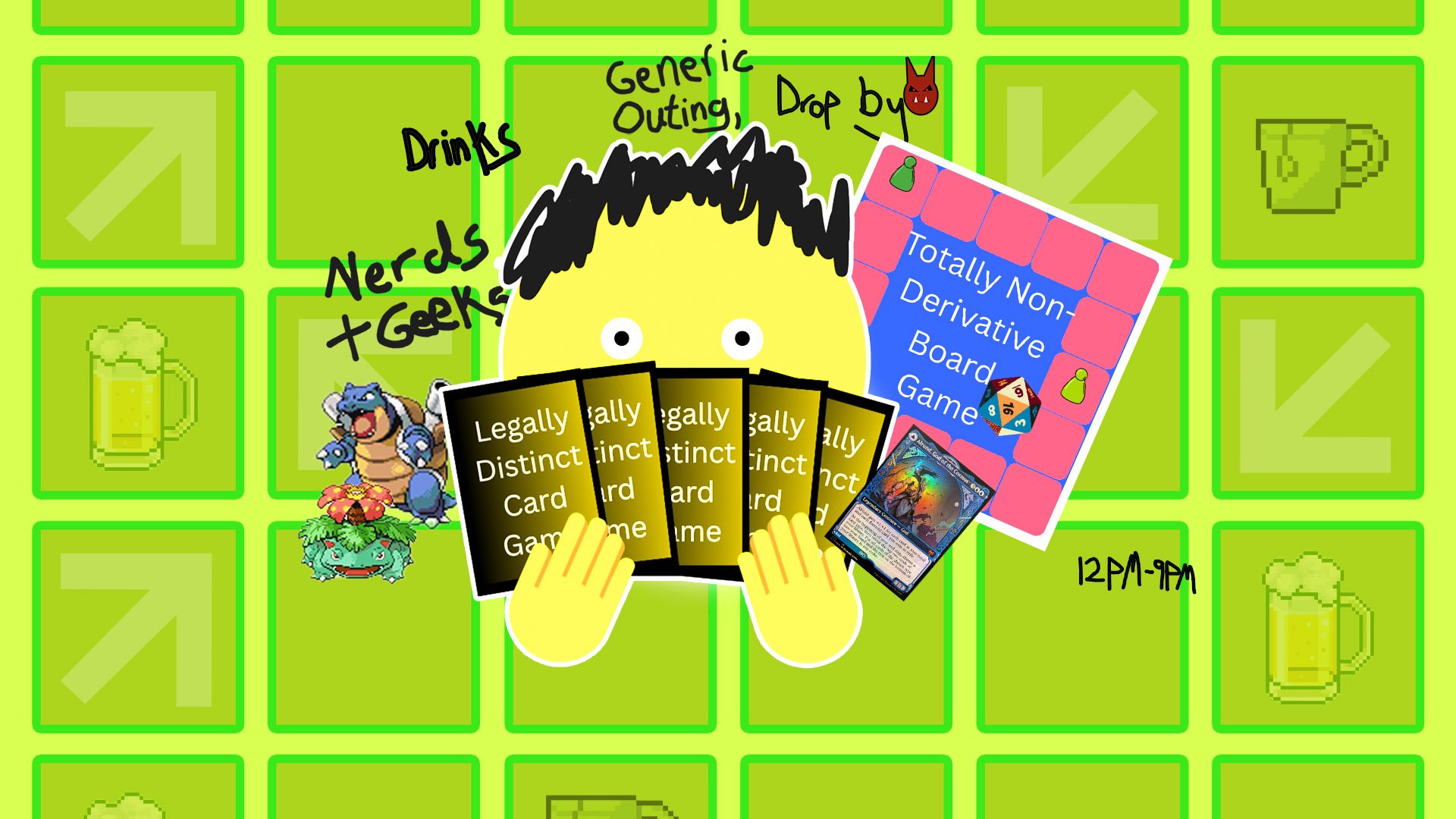 very silly, microsoft paint style drawing of an emoji holding a deck of cards, reading "legally distinct card games'. poorly written text with a mouse sasy "nerds and geeks, drinks, generic outing, drop by.