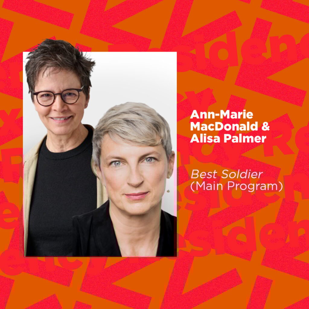 Ann-Marie Macdonald has glasses, short brown hair, and Alisa Palmer has short cut blond hair. They are both wearing black, smiling to the camera. Their photos are collaged together in one box.