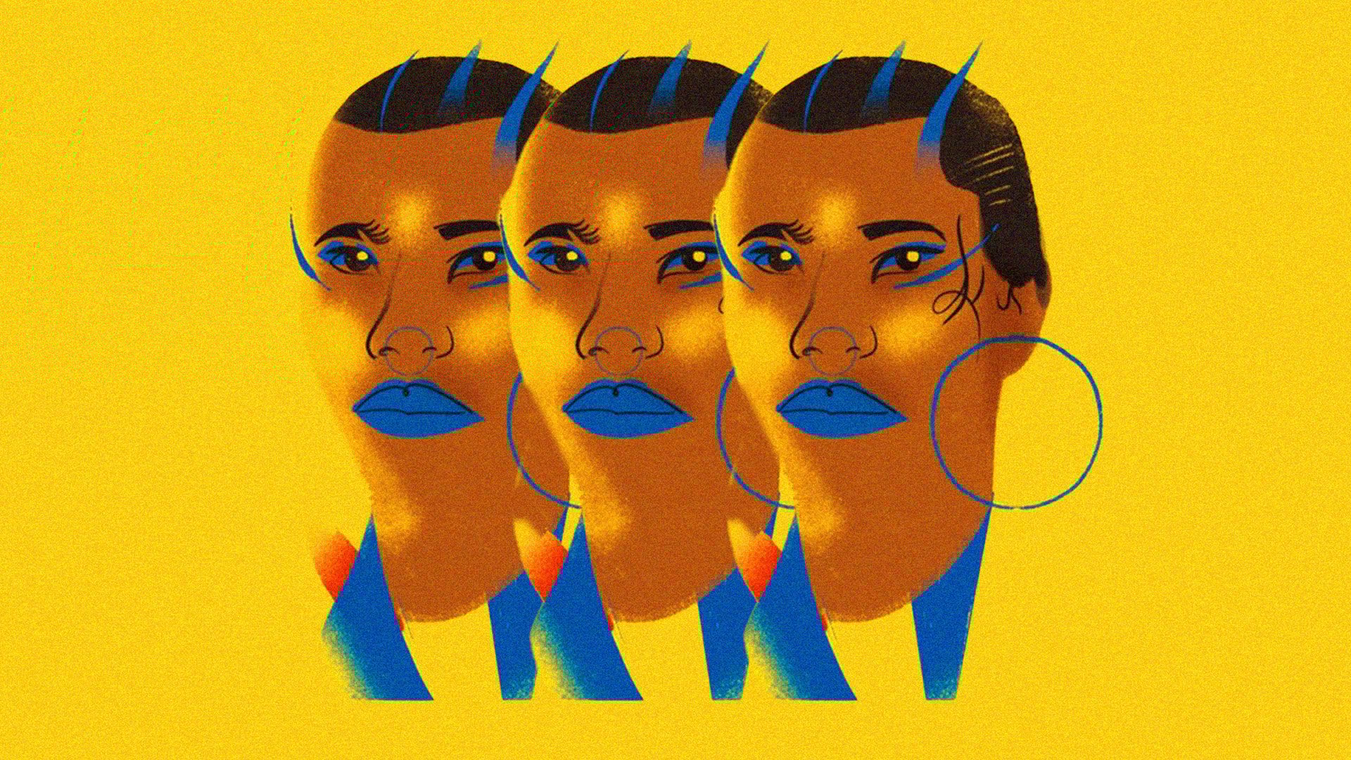 an illustration in spray-painted style, of d'bi wearing large blue hoop earrings and lipstick. This image is repeated 3 times