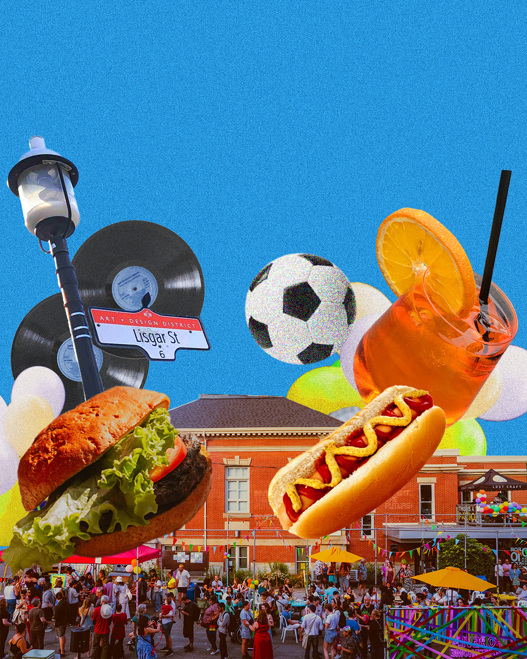 The Theatre Centre with hundreds of people gathered out front on a warm sunny afternoon. Burgers, hotdogs, summer drinks, and a soccer ball are collaged over top with a bright blue background.