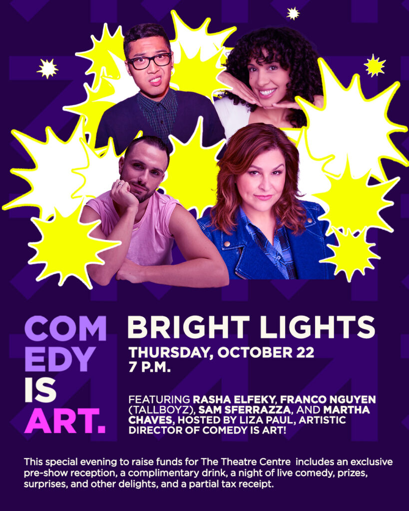 CIA Bright Lights! four comedian's headshots surrounded by bright yellow star shapes around them,