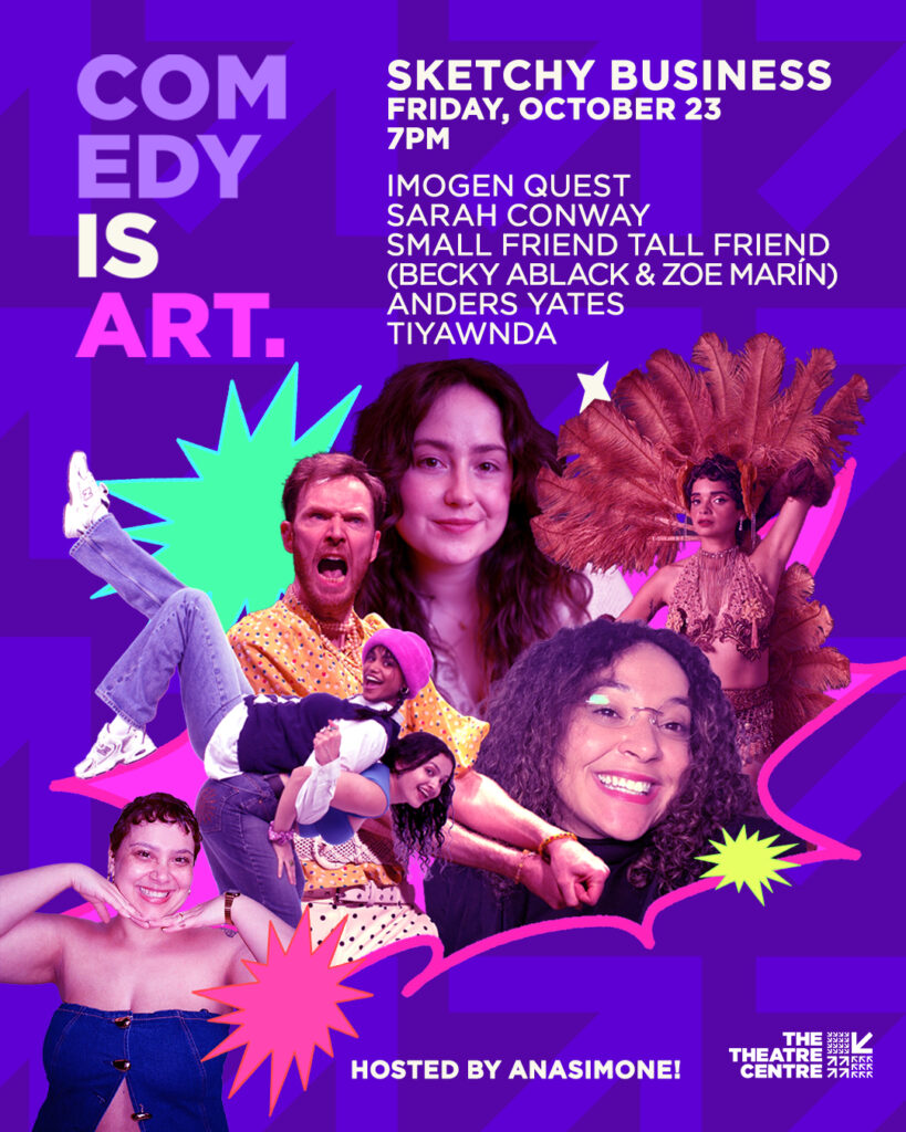 Comedians heads collaged in the middle popping out from a tear in the middle of th bright purple graphic.