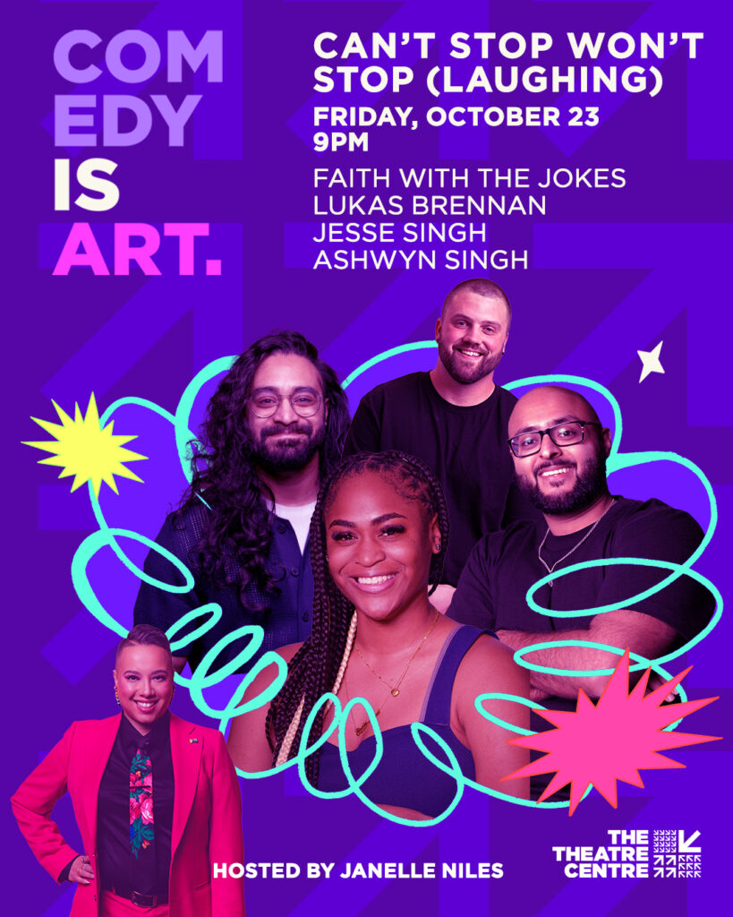 A blue squiggly line circles around the comedians headshots on a bright comic purple graphic.