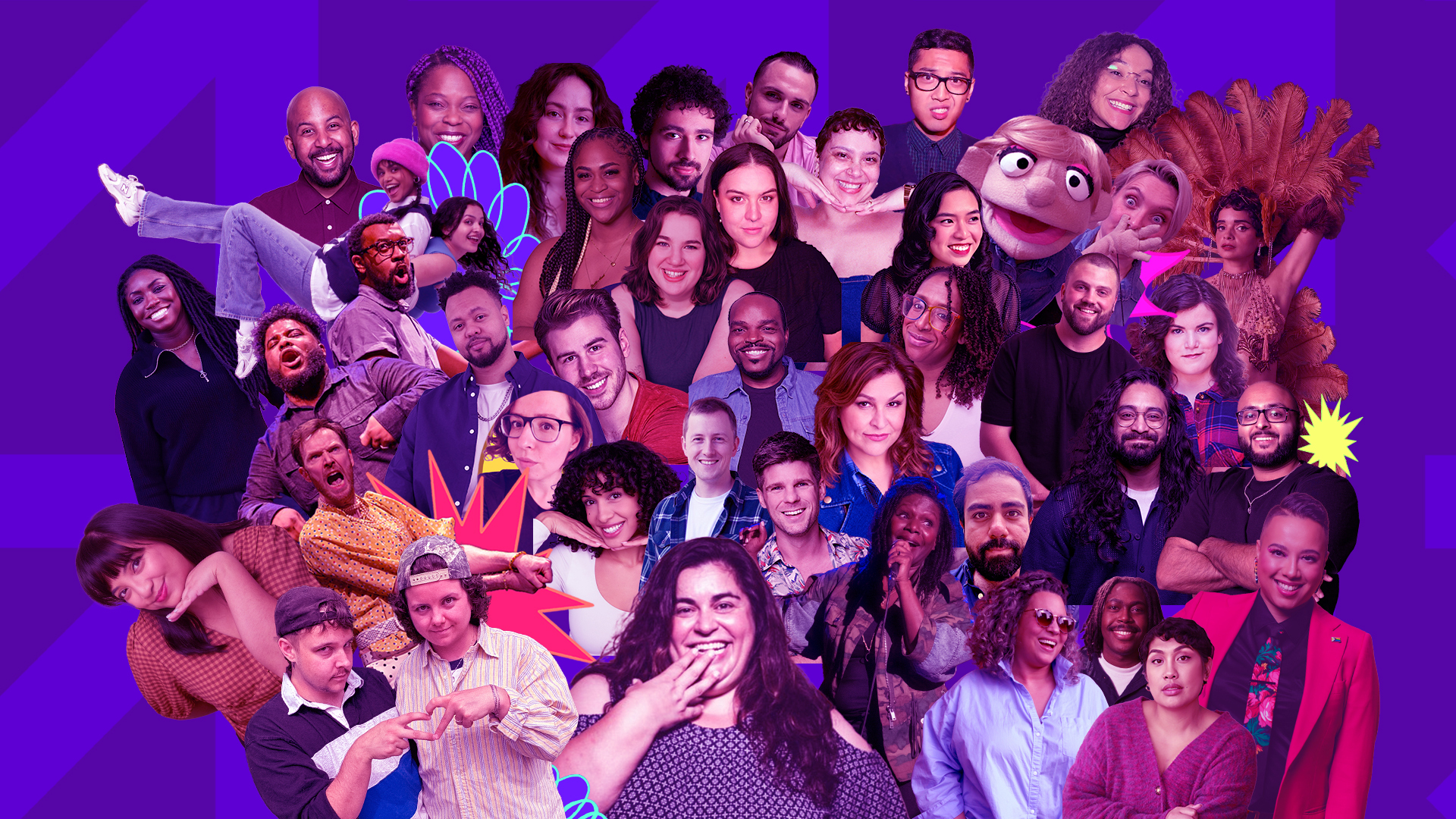 Comedy is Art banner with the 40+ comedians headshots scattered all over the deep purple graphic
