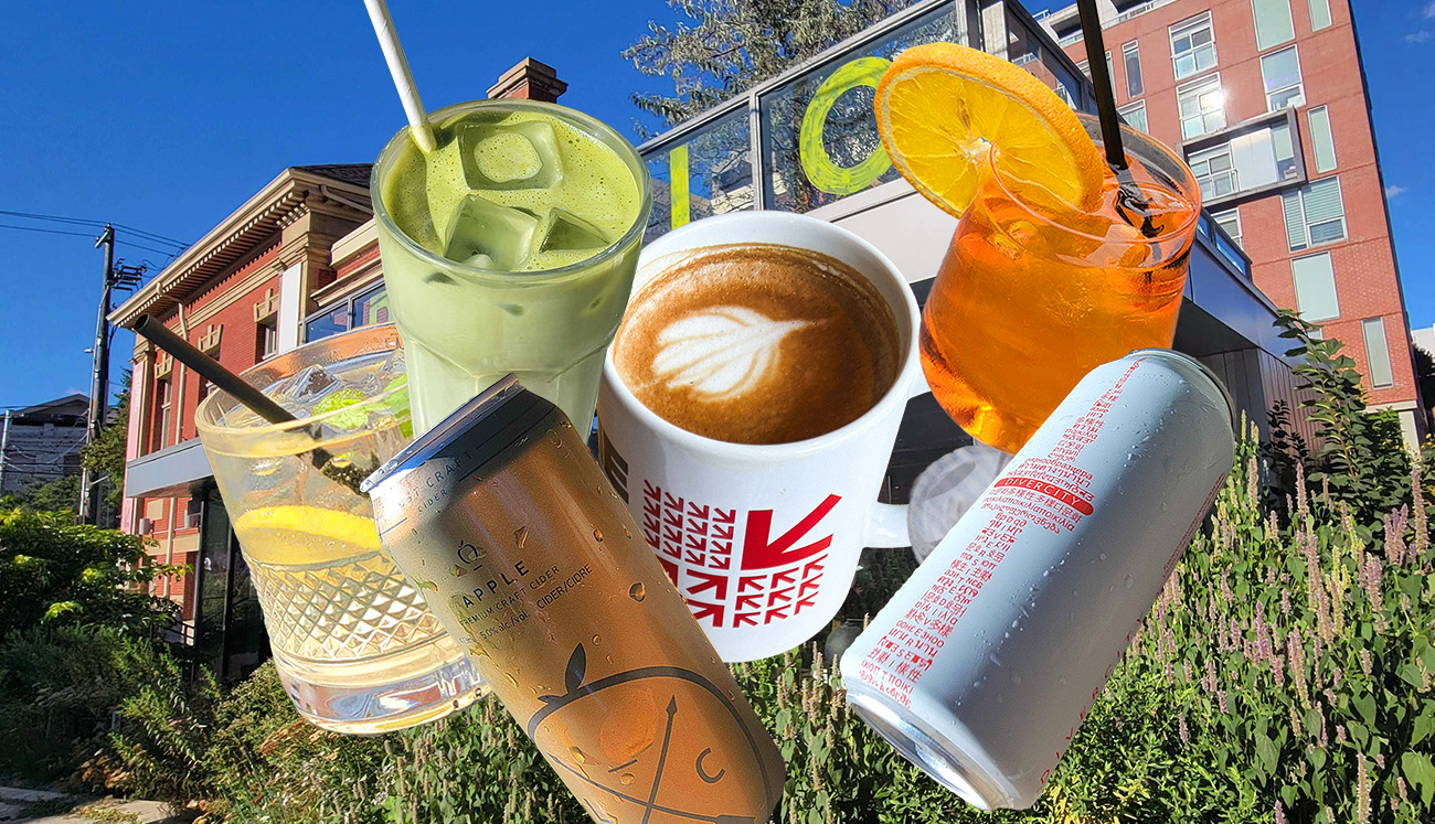 Outdoors of The Theatre Centre cafe bar, with drinks collaged onto them!